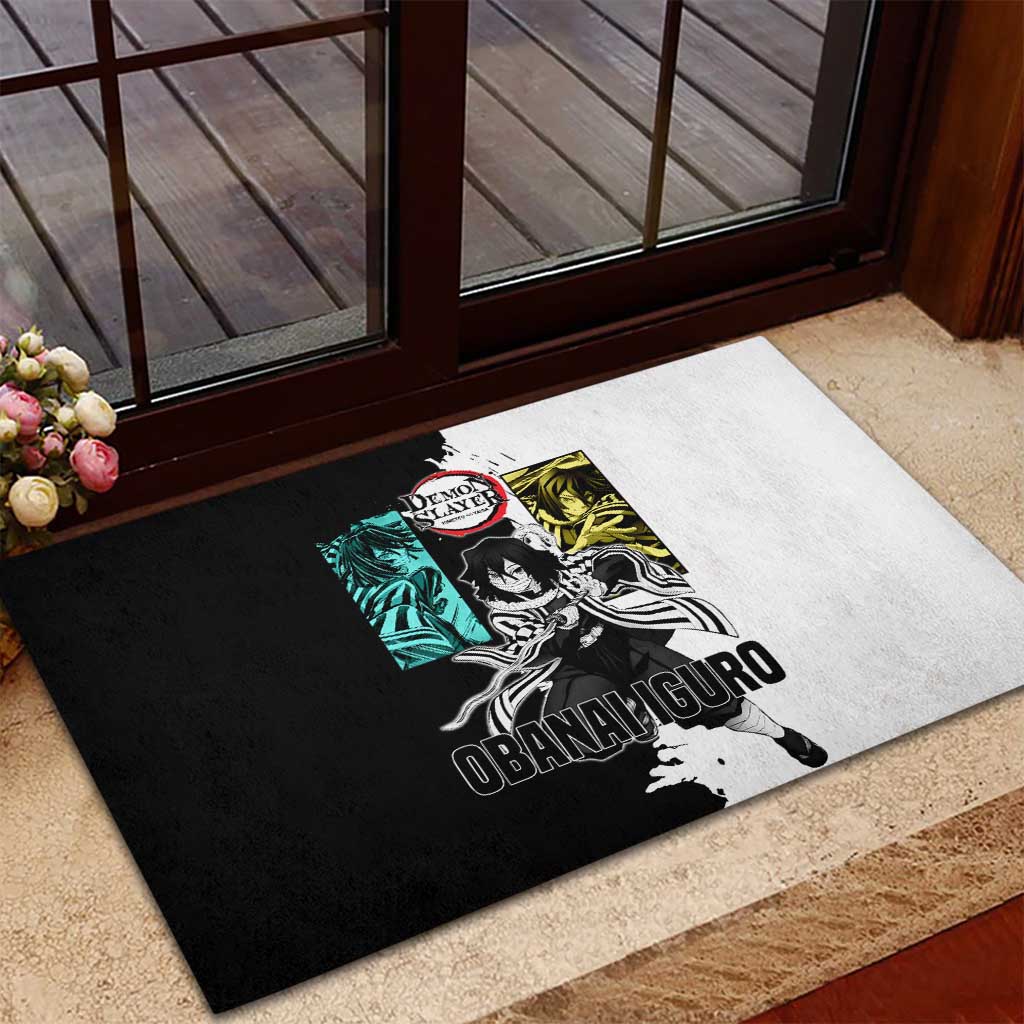 Obanai Iguro from Demon Slayer Rubber Doormat with Black and White Contrast Background and Serpent-Themed Manga Style Design - The Mazicc