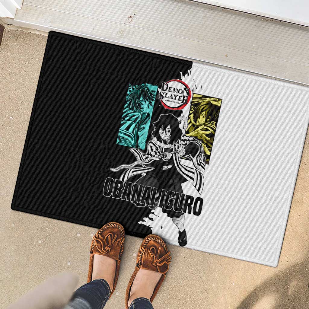 Obanai Iguro from Demon Slayer Rubber Doormat with Black and White Contrast Background and Serpent-Themed Manga Style Design - The Mazicc