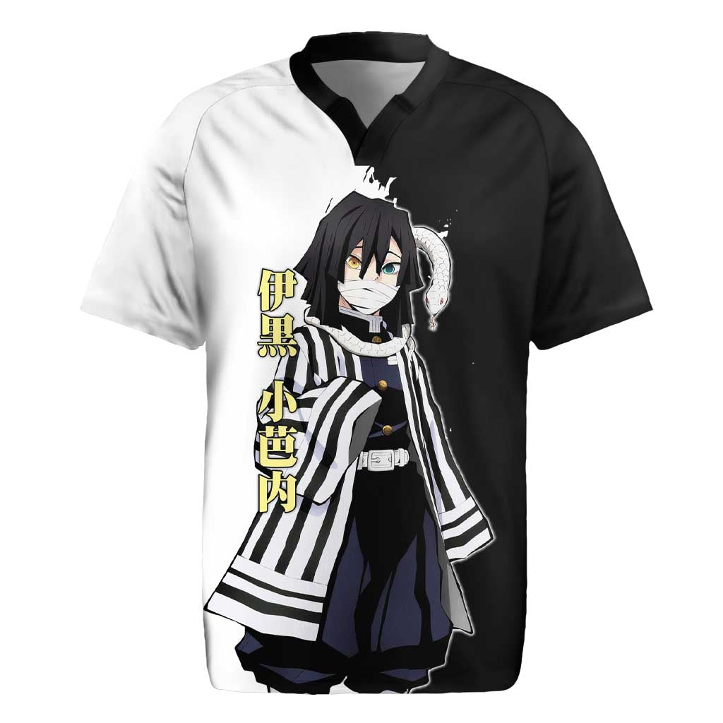 Obanai Iguro from Demon Slayer Rugby Jersey with Black and White Contrast Background and Serpent-Themed Manga Style Design - The Mazicc