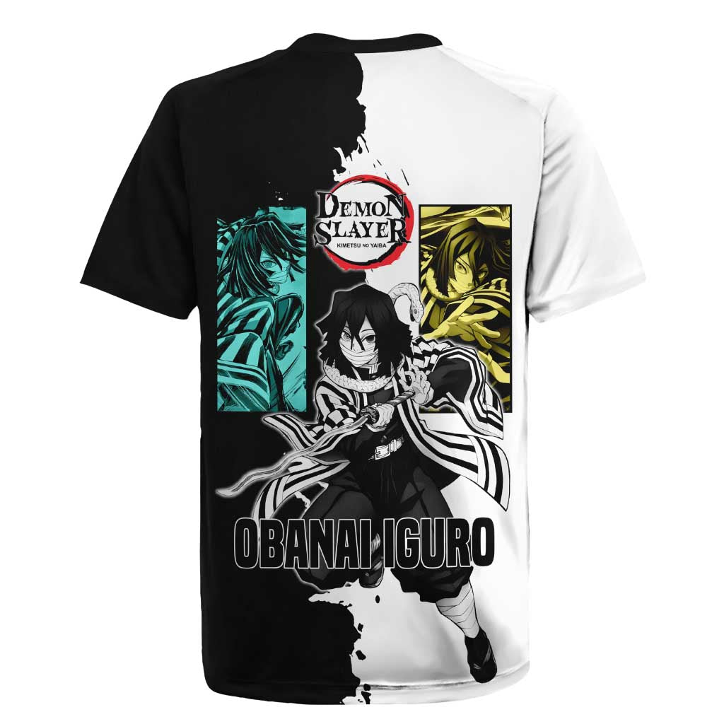 Obanai Iguro from Demon Slayer Rugby Jersey with Black and White Contrast Background and Serpent-Themed Manga Style Design - The Mazicc