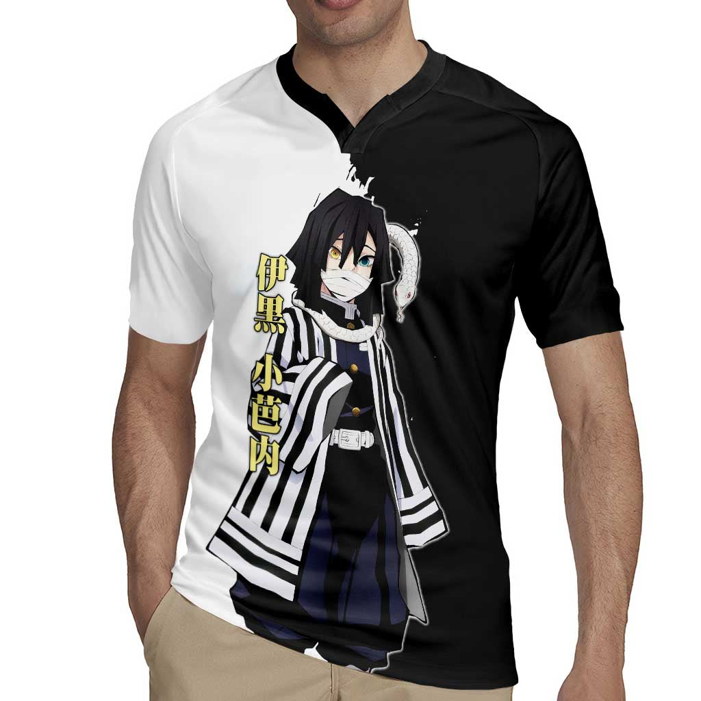 Obanai Iguro from Demon Slayer Rugby Jersey with Black and White Contrast Background and Serpent-Themed Manga Style Design - The Mazicc
