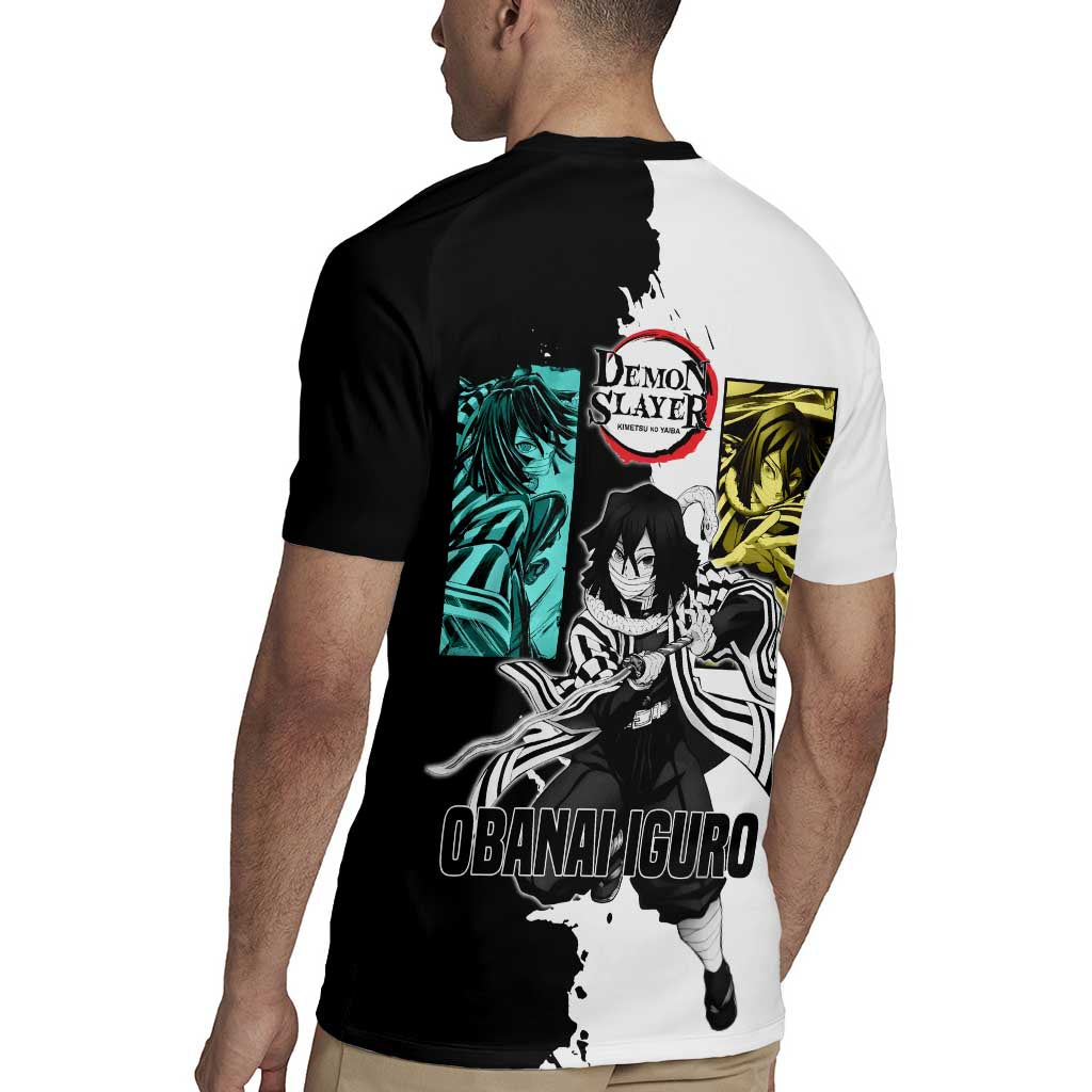 Obanai Iguro from Demon Slayer Rugby Jersey with Black and White Contrast Background and Serpent-Themed Manga Style Design - The Mazicc