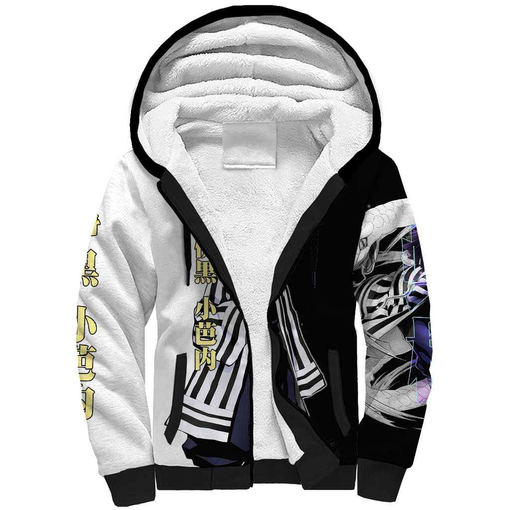 Obanai Iguro from Demon Slayer Sherpa Hoodie with Black and White Contrast Background and Serpent-Themed Manga Style Design - The Mazicc