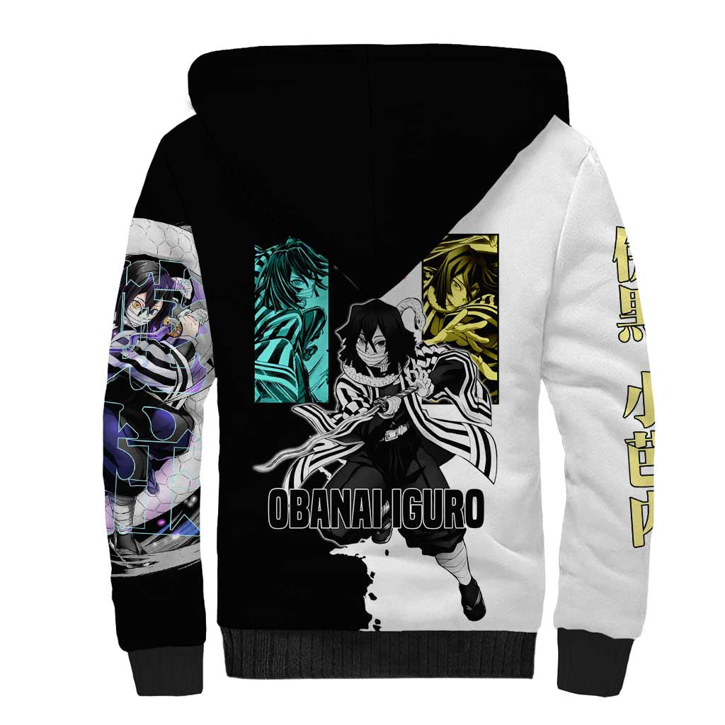 Obanai Iguro from Demon Slayer Sherpa Hoodie with Black and White Contrast Background and Serpent-Themed Manga Style Design - The Mazicc
