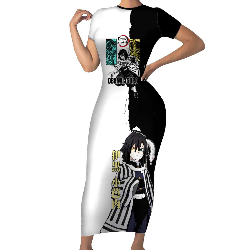 Obanai Iguro from Demon Slayer Short Sleeve Bodycon Dress with Black and White Contrast Background and Serpent-Themed Manga Style Design - The Mazicc