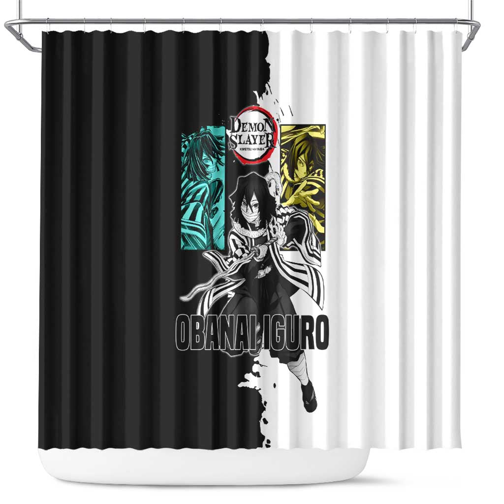 Obanai Iguro from Demon Slayer Shower Curtain with Black and White Contrast Background and Serpent-Themed Manga Style Design - The Mazicc