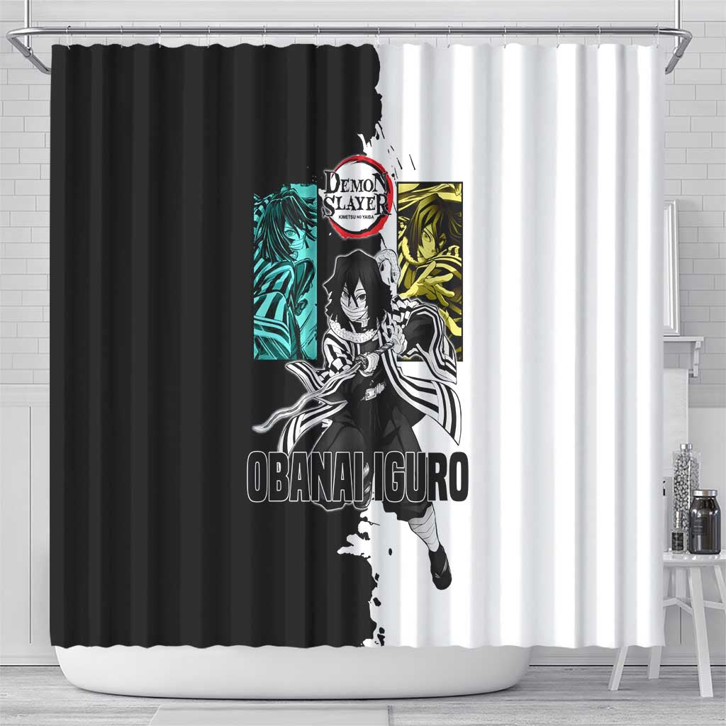 Obanai Iguro from Demon Slayer Shower Curtain with Black and White Contrast Background and Serpent-Themed Manga Style Design - The Mazicc