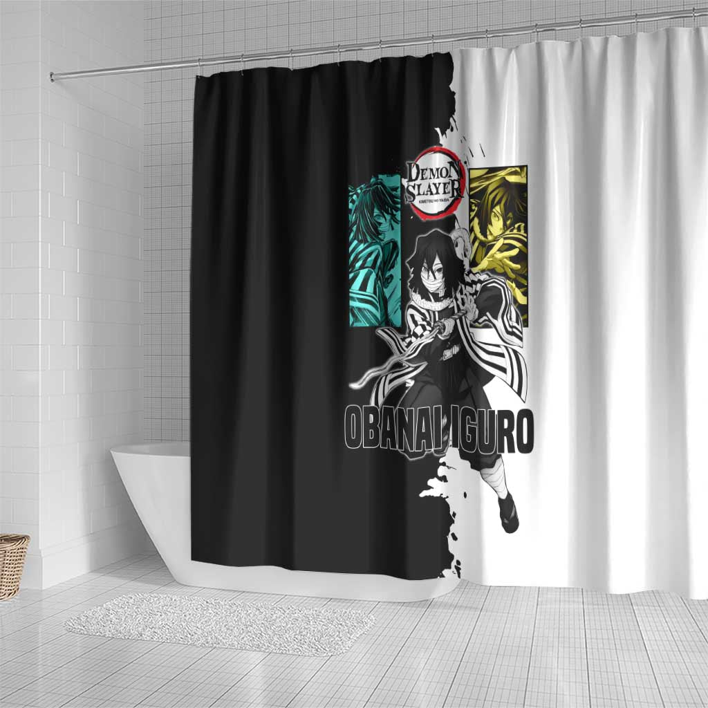 Obanai Iguro from Demon Slayer Shower Curtain with Black and White Contrast Background and Serpent-Themed Manga Style Design - The Mazicc