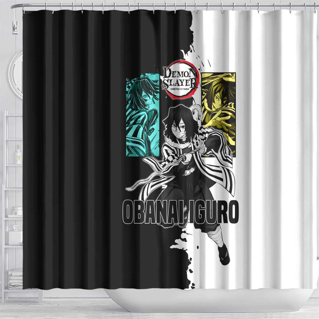Obanai Iguro from Demon Slayer Shower Curtain with Black and White Contrast Background and Serpent-Themed Manga Style Design - The Mazicc