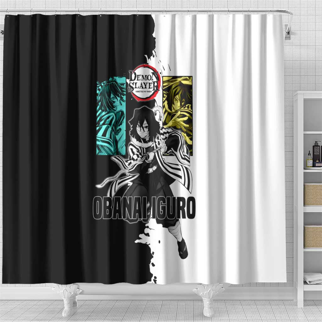 Obanai Iguro from Demon Slayer Shower Curtain with Black and White Contrast Background and Serpent-Themed Manga Style Design - The Mazicc