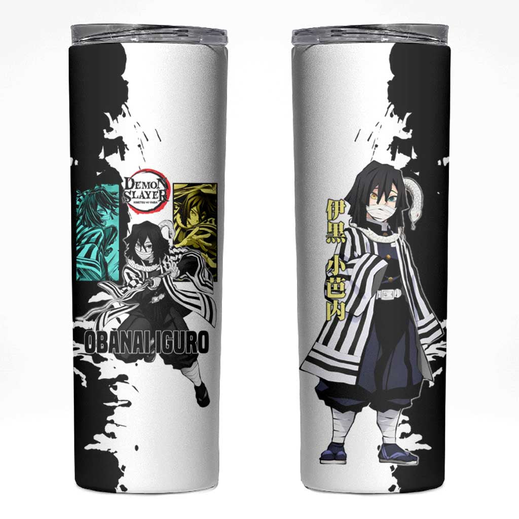 Obanai Iguro from Demon Slayer Skinny Tumbler with Black and White Contrast Background and Serpent-Themed Manga Style Design - The Mazicc