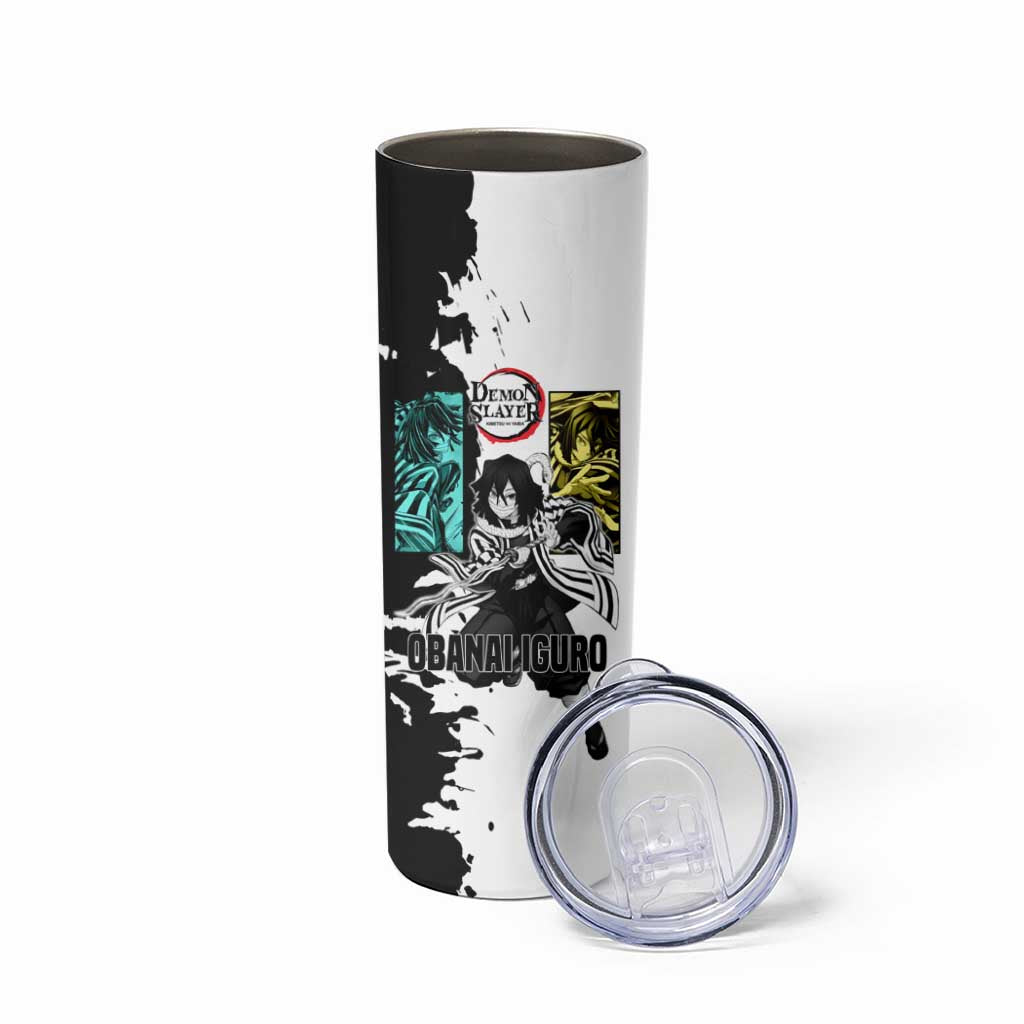Obanai Iguro from Demon Slayer Skinny Tumbler with Black and White Contrast Background and Serpent-Themed Manga Style Design - The Mazicc