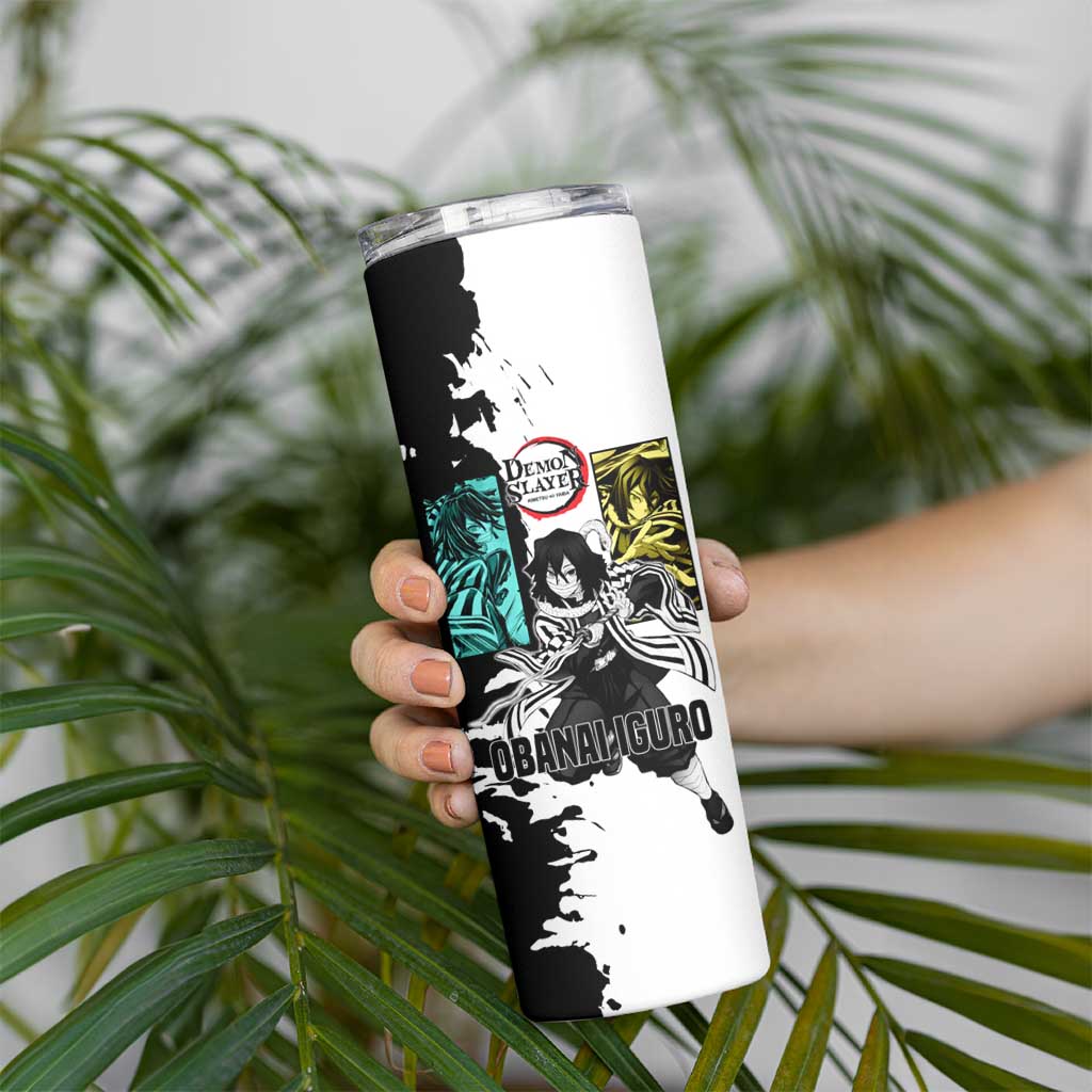 Obanai Iguro from Demon Slayer Skinny Tumbler with Black and White Contrast Background and Serpent-Themed Manga Style Design - The Mazicc