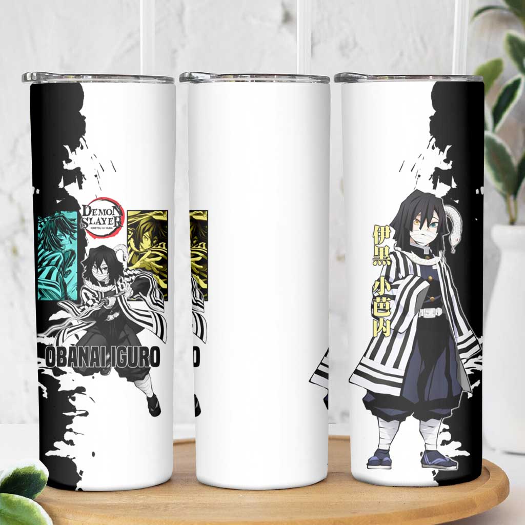 Obanai Iguro from Demon Slayer Skinny Tumbler with Black and White Contrast Background and Serpent-Themed Manga Style Design - The Mazicc