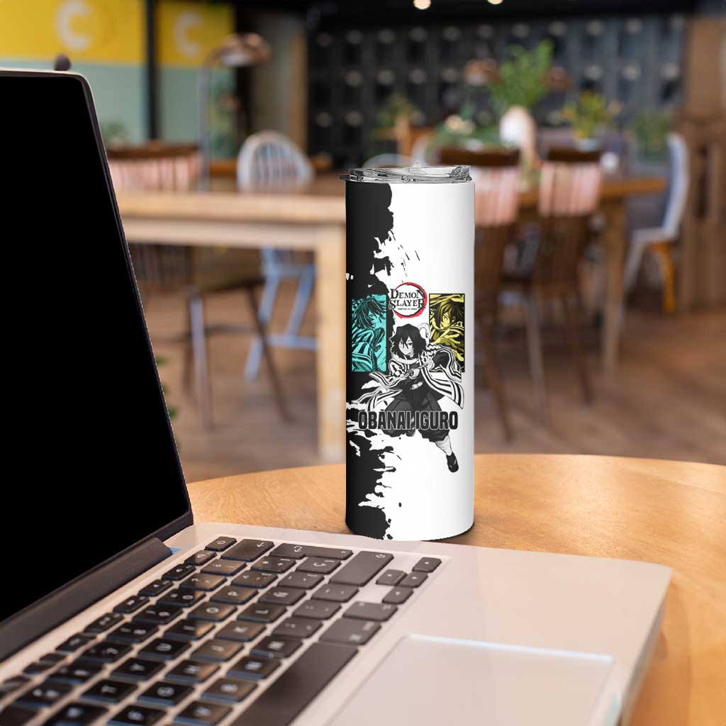 Obanai Iguro from Demon Slayer Skinny Tumbler with Black and White Contrast Background and Serpent-Themed Manga Style Design - The Mazicc