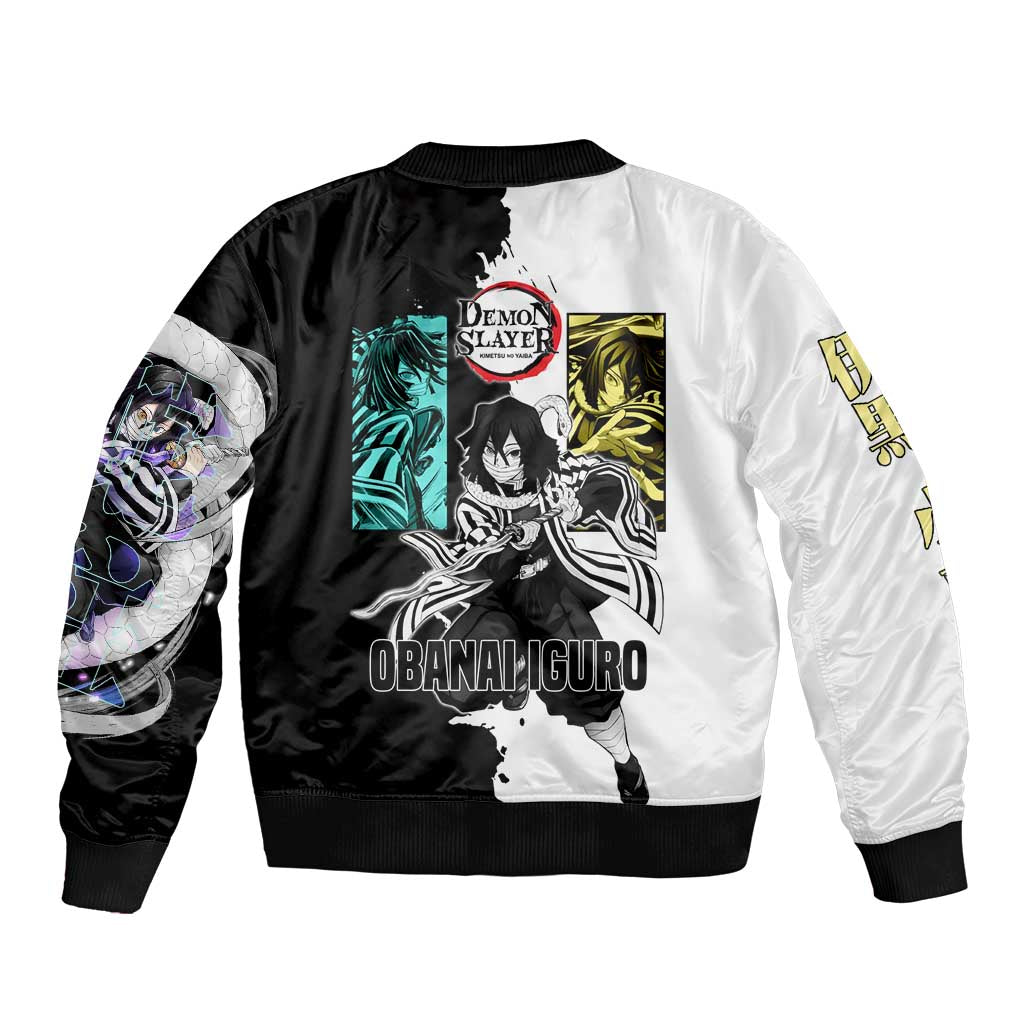 Obanai Iguro from Demon Slayer Sleeve Zip Bomber Jacket with Black and White Contrast Background and Serpent-Themed Manga Style Design - The Mazicc