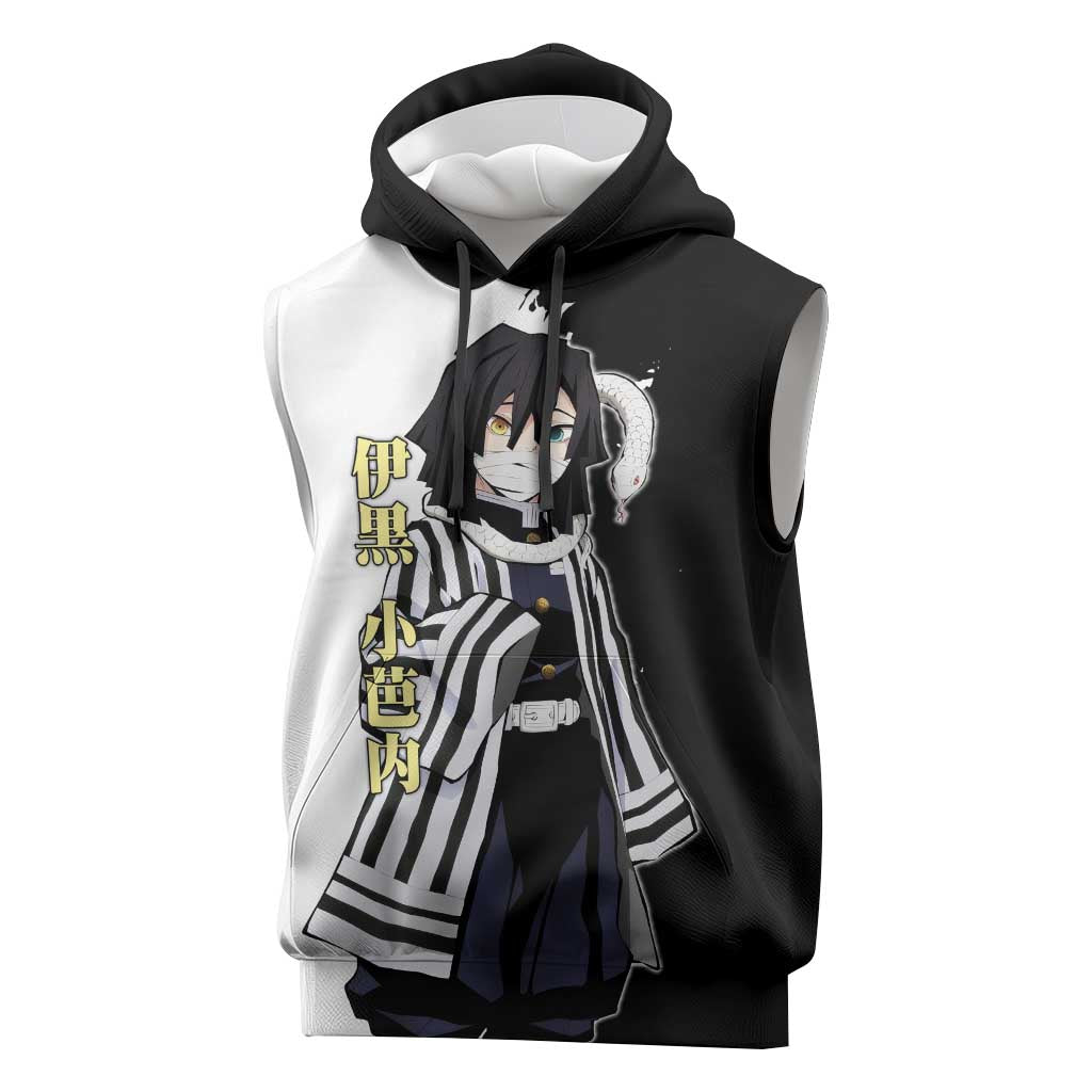Obanai Iguro from Demon Slayer Sleeveless Hoodie with Black and White Contrast Background and Serpent-Themed Manga Style Design - The Mazicc