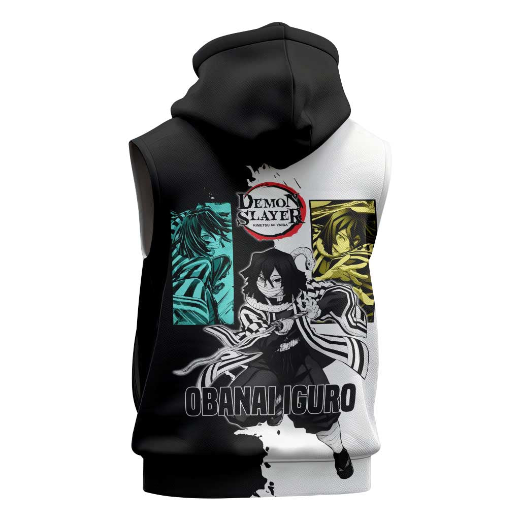 Obanai Iguro from Demon Slayer Sleeveless Hoodie with Black and White Contrast Background and Serpent-Themed Manga Style Design - The Mazicc