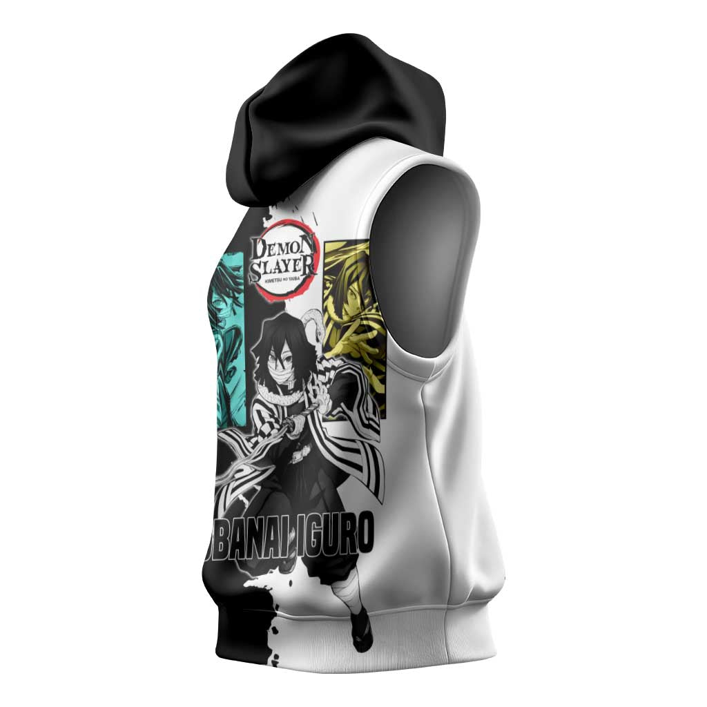 Obanai Iguro from Demon Slayer Sleeveless Hoodie with Black and White Contrast Background and Serpent-Themed Manga Style Design - The Mazicc