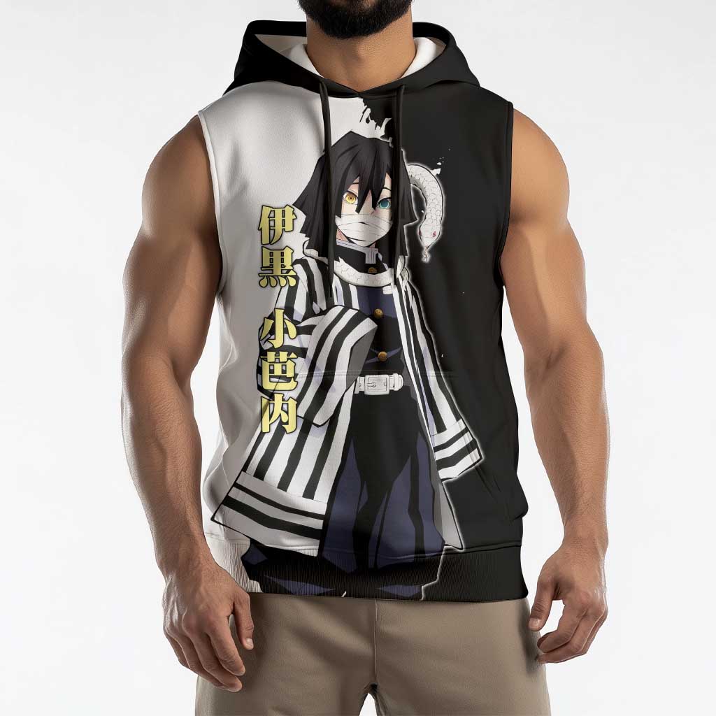 Obanai Iguro from Demon Slayer Sleeveless Hoodie with Black and White Contrast Background and Serpent-Themed Manga Style Design - The Mazicc