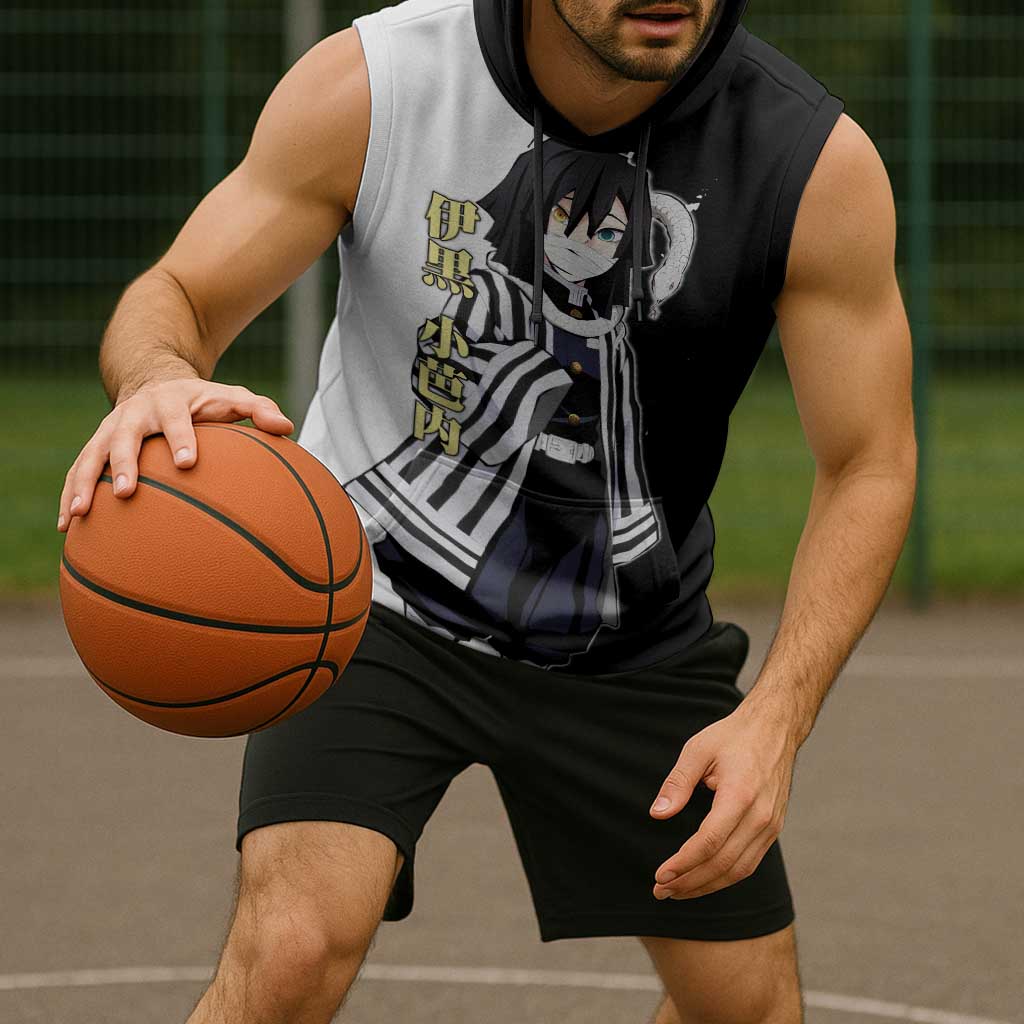 Obanai Iguro from Demon Slayer Sleeveless Hoodie with Black and White Contrast Background and Serpent-Themed Manga Style Design - The Mazicc