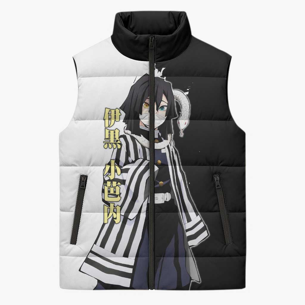 Obanai Iguro from Demon Slayer Sleeveless Puffer Jacket with Black and White Contrast Background and Serpent-Themed Manga Style Design - The Mazicc