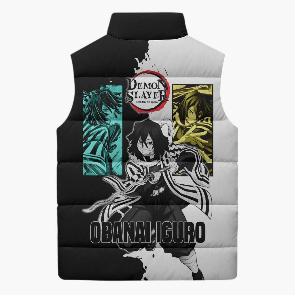 Obanai Iguro from Demon Slayer Sleeveless Puffer Jacket with Black and White Contrast Background and Serpent-Themed Manga Style Design - The Mazicc