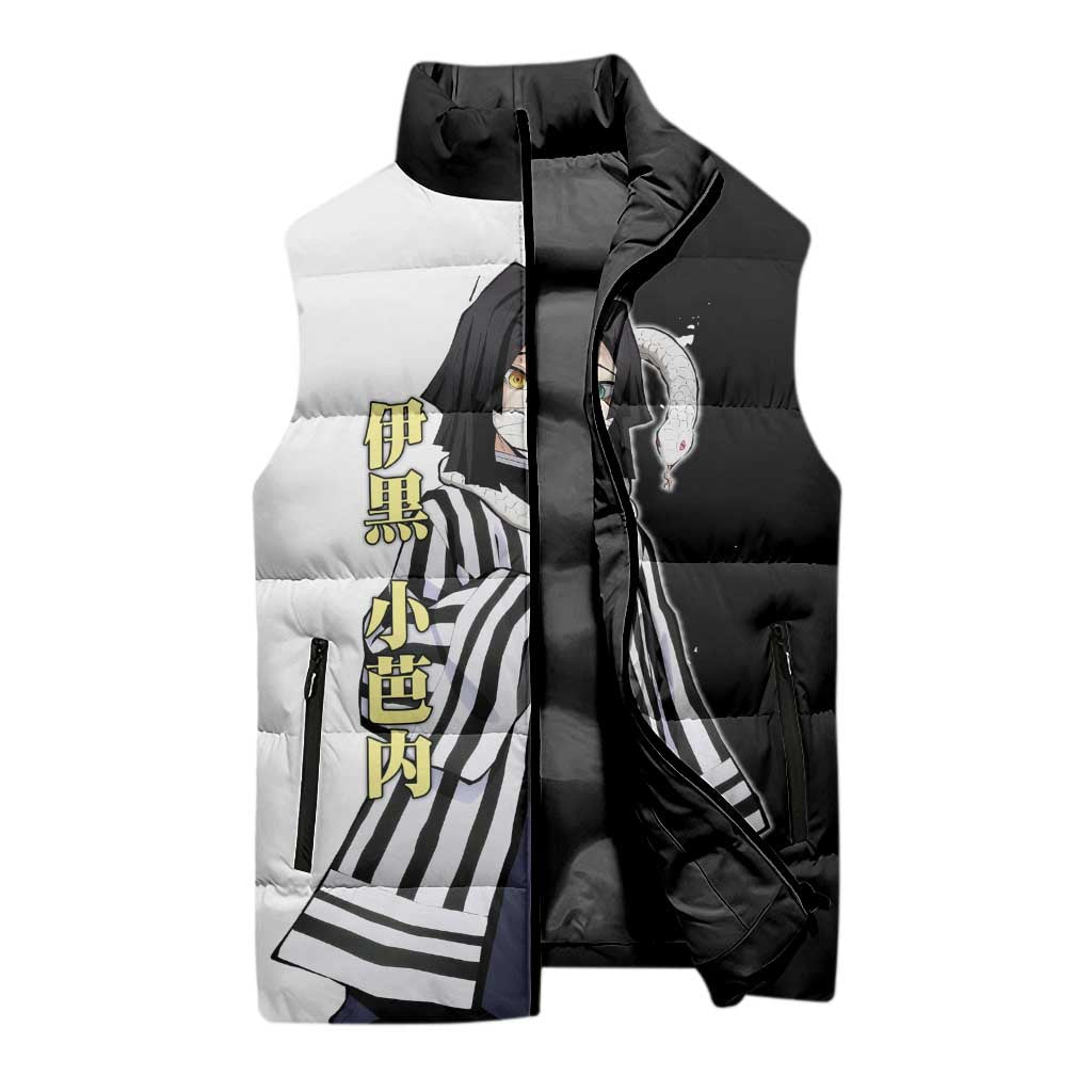 Obanai Iguro from Demon Slayer Sleeveless Puffer Jacket with Black and White Contrast Background and Serpent-Themed Manga Style Design - The Mazicc