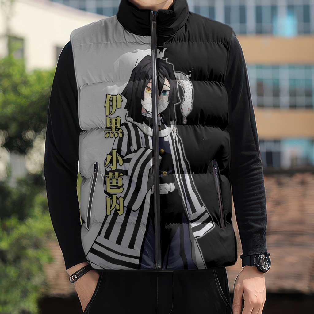 Obanai Iguro from Demon Slayer Sleeveless Puffer Jacket with Black and White Contrast Background and Serpent-Themed Manga Style Design - The Mazicc