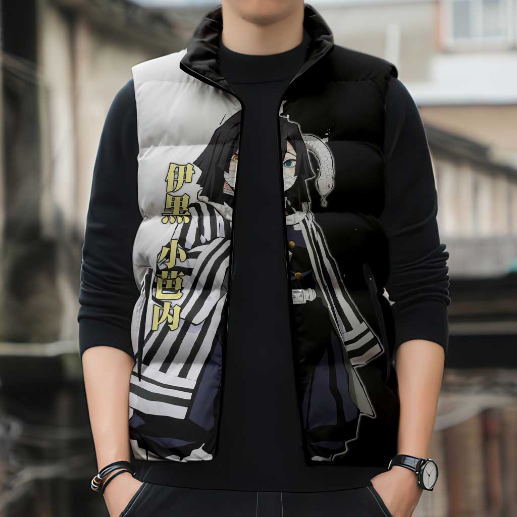 Obanai Iguro from Demon Slayer Sleeveless Puffer Jacket with Black and White Contrast Background and Serpent-Themed Manga Style Design - The Mazicc