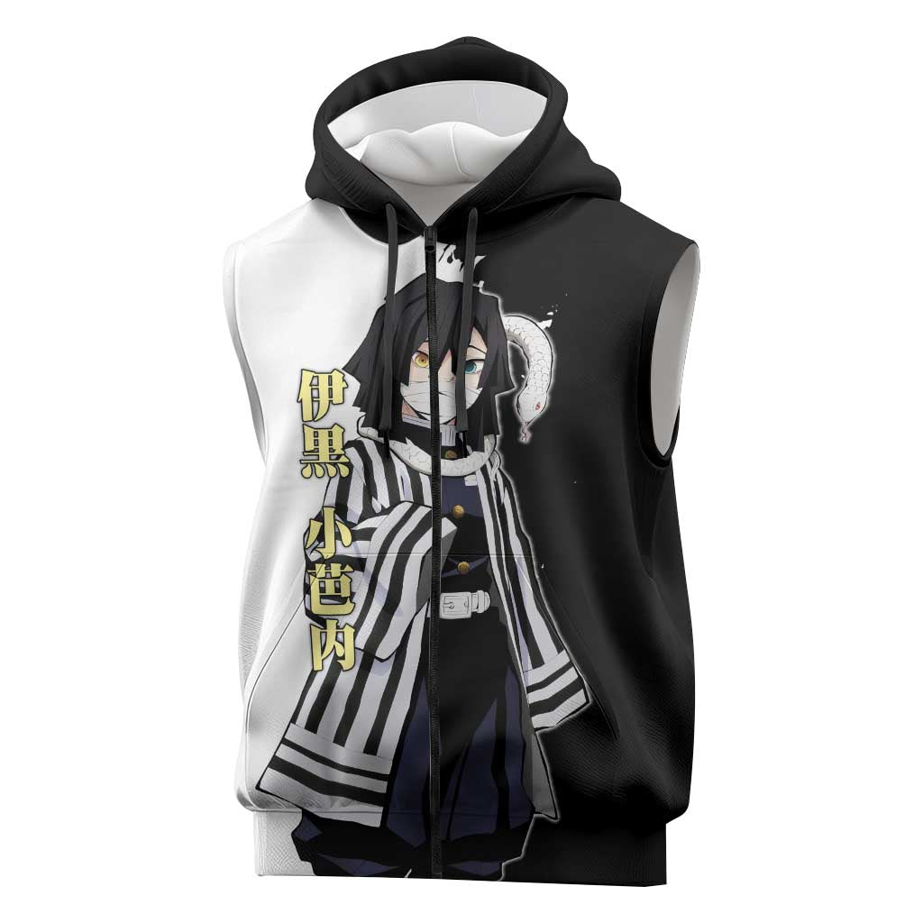 Obanai Iguro from Demon Slayer Sleeveless Zip Hoodie with Black and White Contrast Background and Serpent-Themed Manga Style Design - The Mazicc