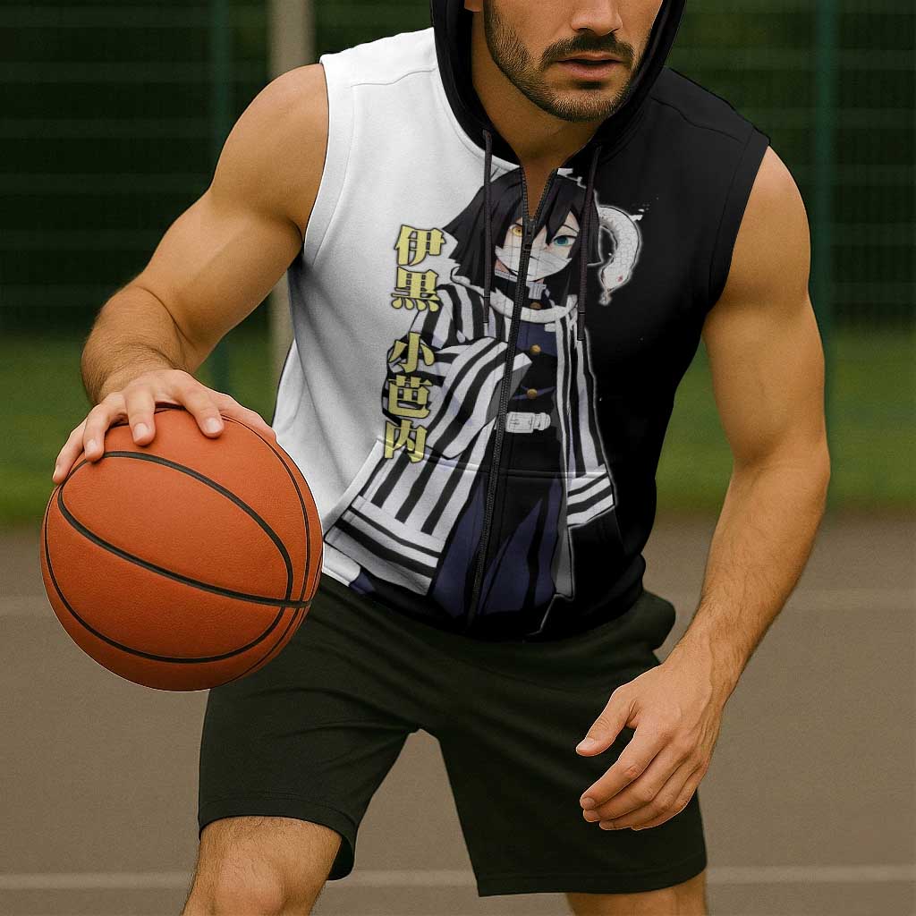Obanai Iguro from Demon Slayer Sleeveless Zip Hoodie with Black and White Contrast Background and Serpent-Themed Manga Style Design - The Mazicc