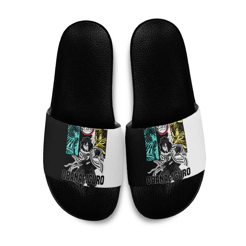 Obanai Iguro from Demon Slayer Slide Sandals with Black and White Contrast Background and Serpent-Themed Manga Style Design - The Mazicc