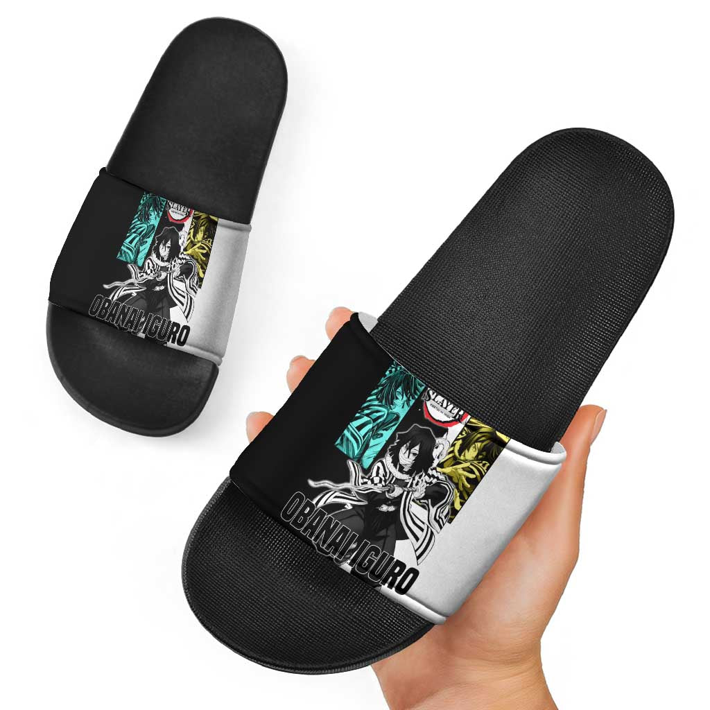 Obanai Iguro from Demon Slayer Slide Sandals with Black and White Contrast Background and Serpent-Themed Manga Style Design - The Mazicc
