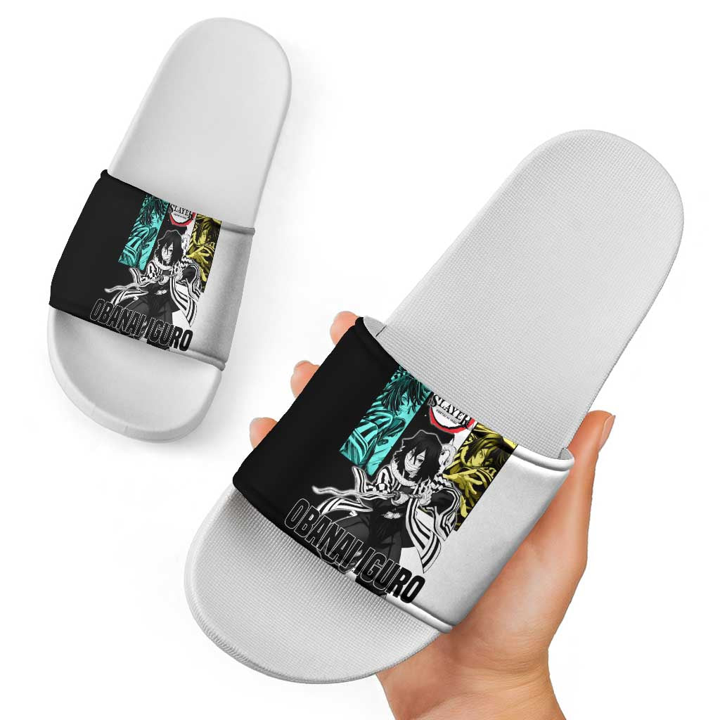 Obanai Iguro from Demon Slayer Slide Sandals with Black and White Contrast Background and Serpent-Themed Manga Style Design - The Mazicc