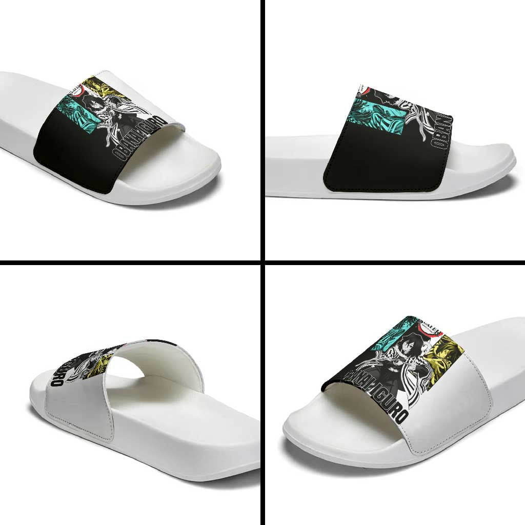 Obanai Iguro from Demon Slayer Slide Sandals with Black and White Contrast Background and Serpent-Themed Manga Style Design - The Mazicc