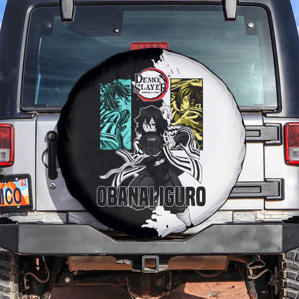 Obanai Iguro from Demon Slayer Spare Tire Cover with Black and White Contrast Background and Serpent-Themed Manga Style Design - The Mazicc
