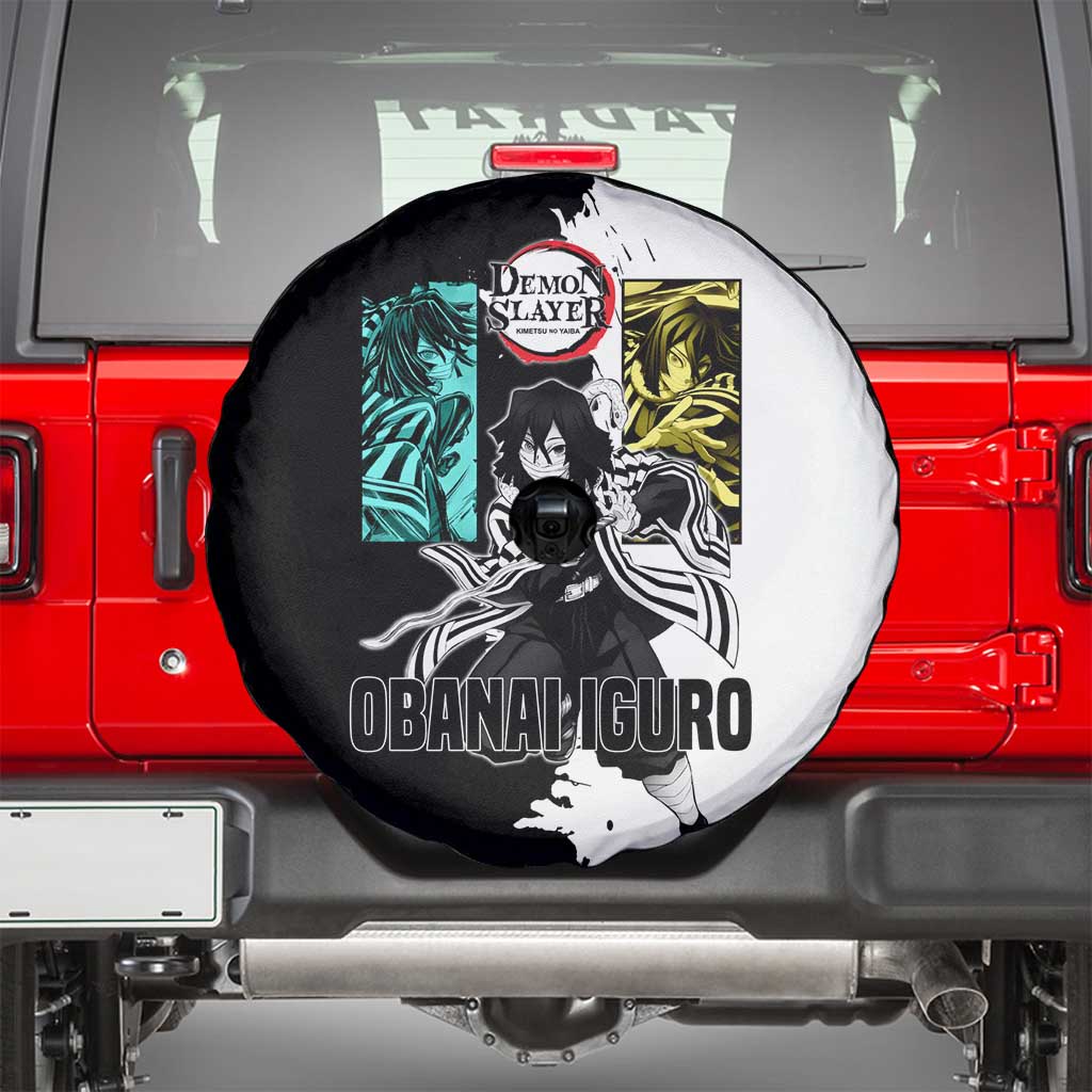 Obanai Iguro from Demon Slayer Spare Tire Cover with Black and White Contrast Background and Serpent-Themed Manga Style Design - The Mazicc