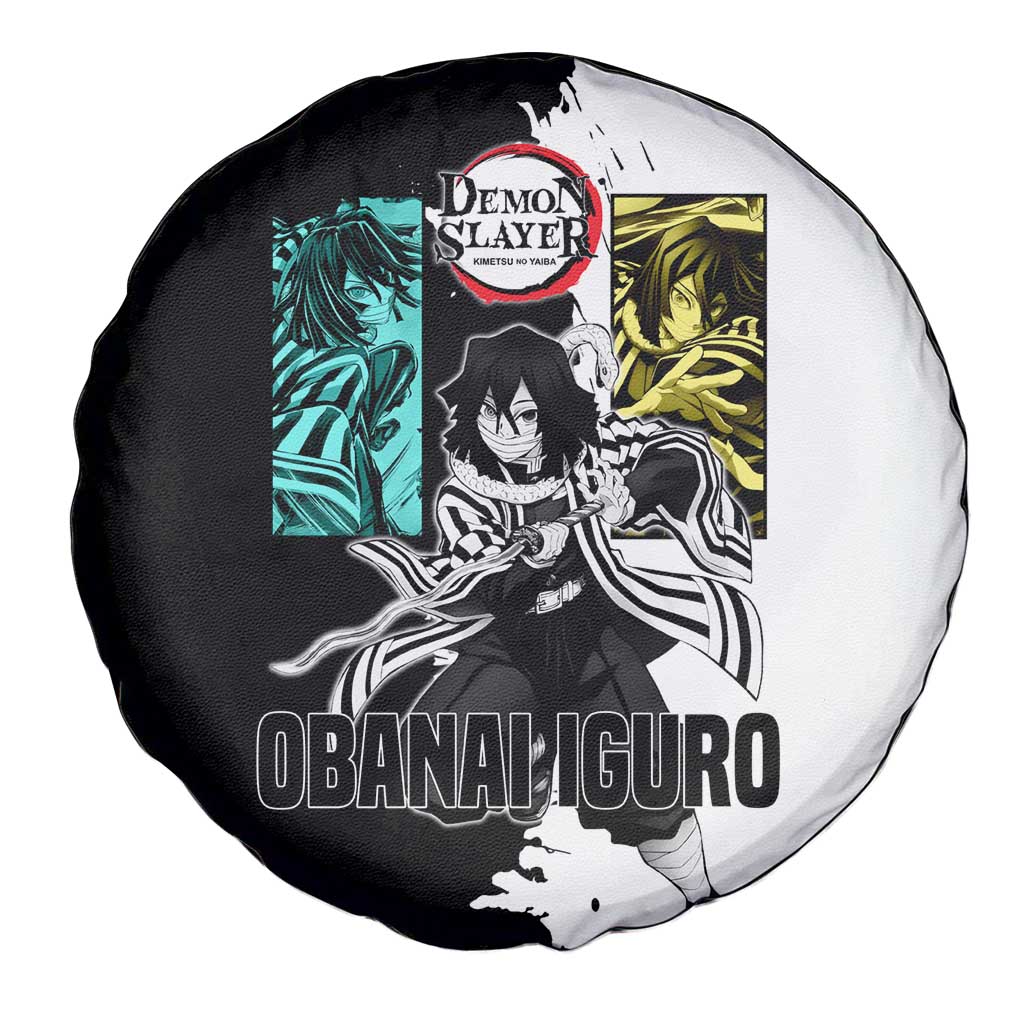 Obanai Iguro from Demon Slayer Spare Tire Cover with Black and White Contrast Background and Serpent-Themed Manga Style Design - The Mazicc