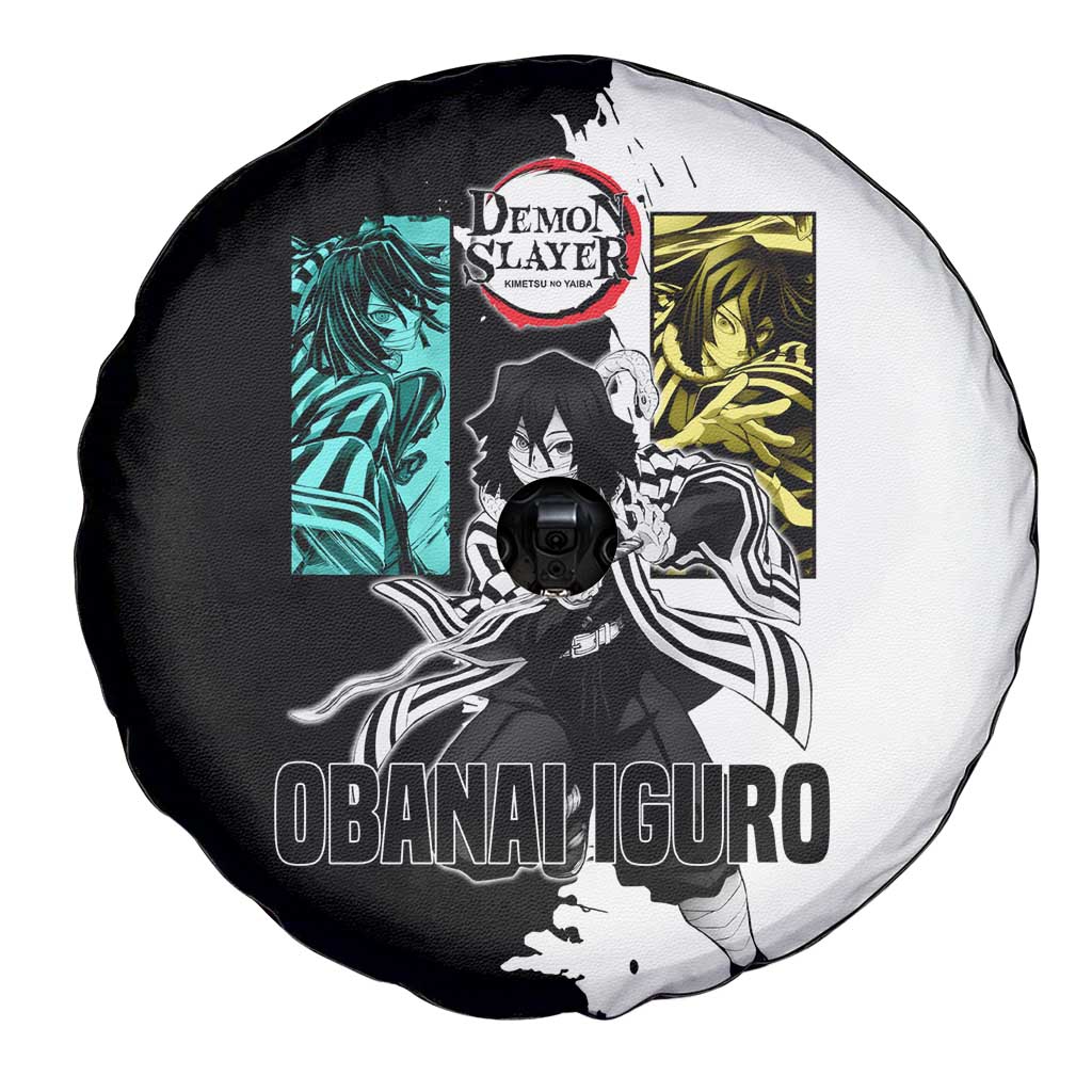 Obanai Iguro from Demon Slayer Spare Tire Cover with Black and White Contrast Background and Serpent-Themed Manga Style Design - The Mazicc