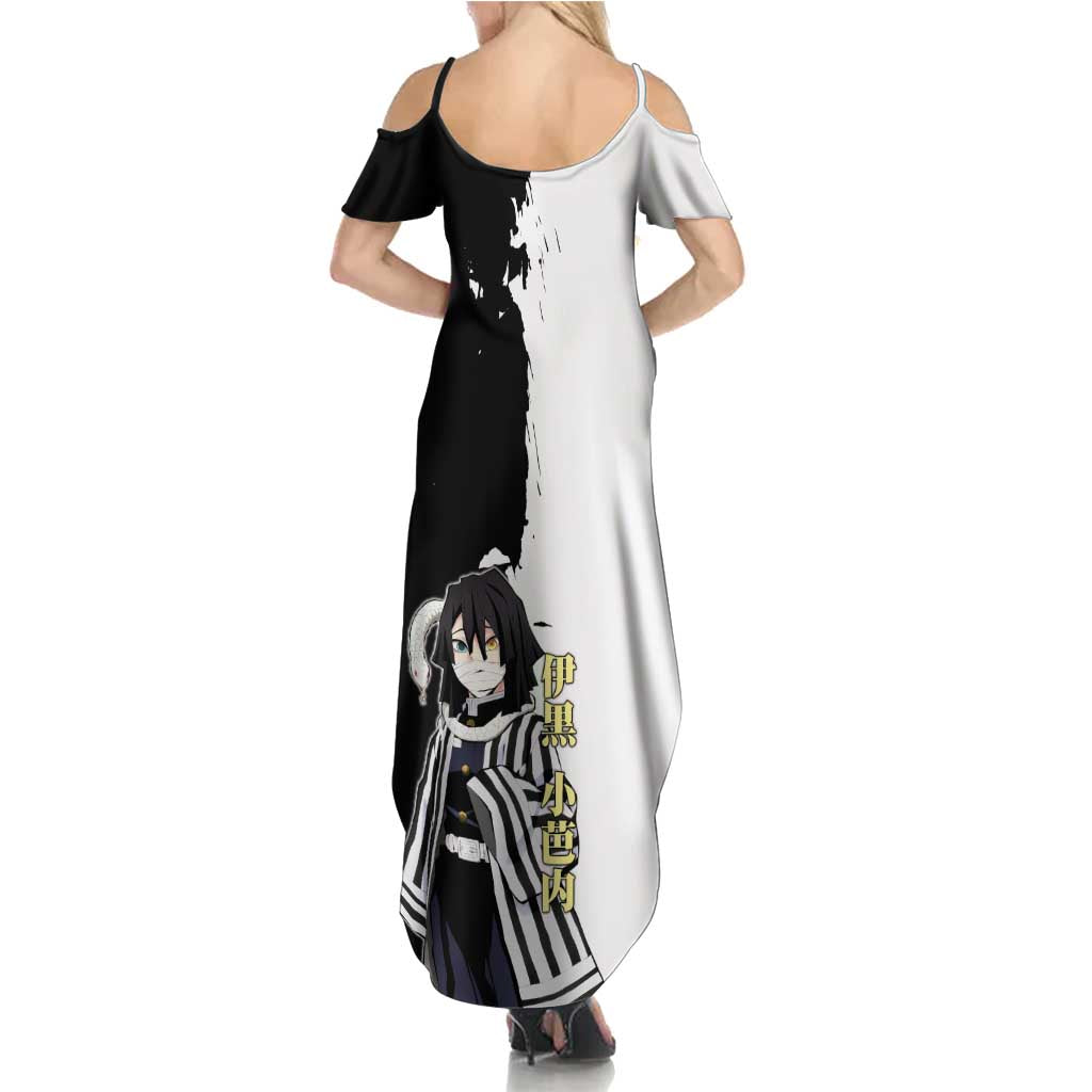 Obanai Iguro from Demon Slayer Summer Maxi Dress with Black and White Contrast Background and Serpent-Themed Manga Style Design - The Mazicc