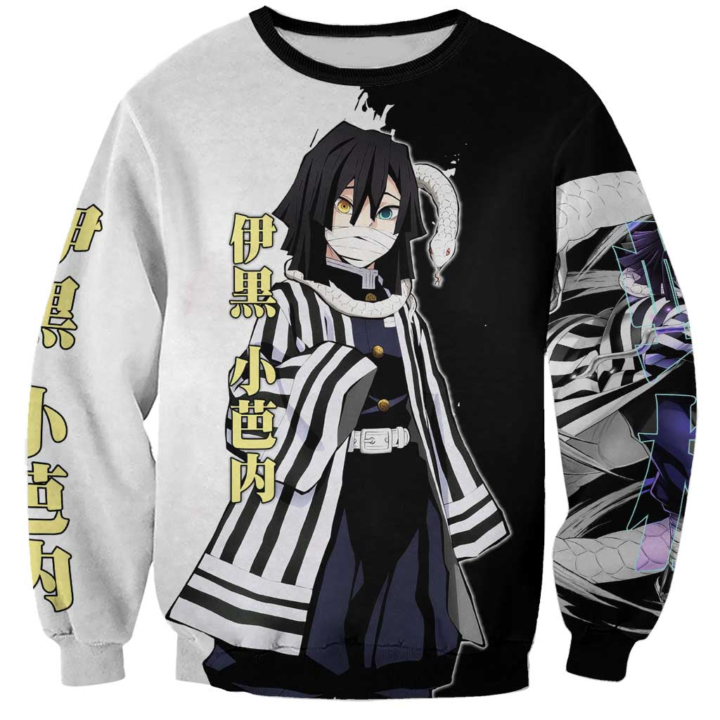 Obanai Iguro from Demon Slayer Sweatshirt with Black and White Contrast Background and Serpent-Themed Manga Style Design - The Mazicc