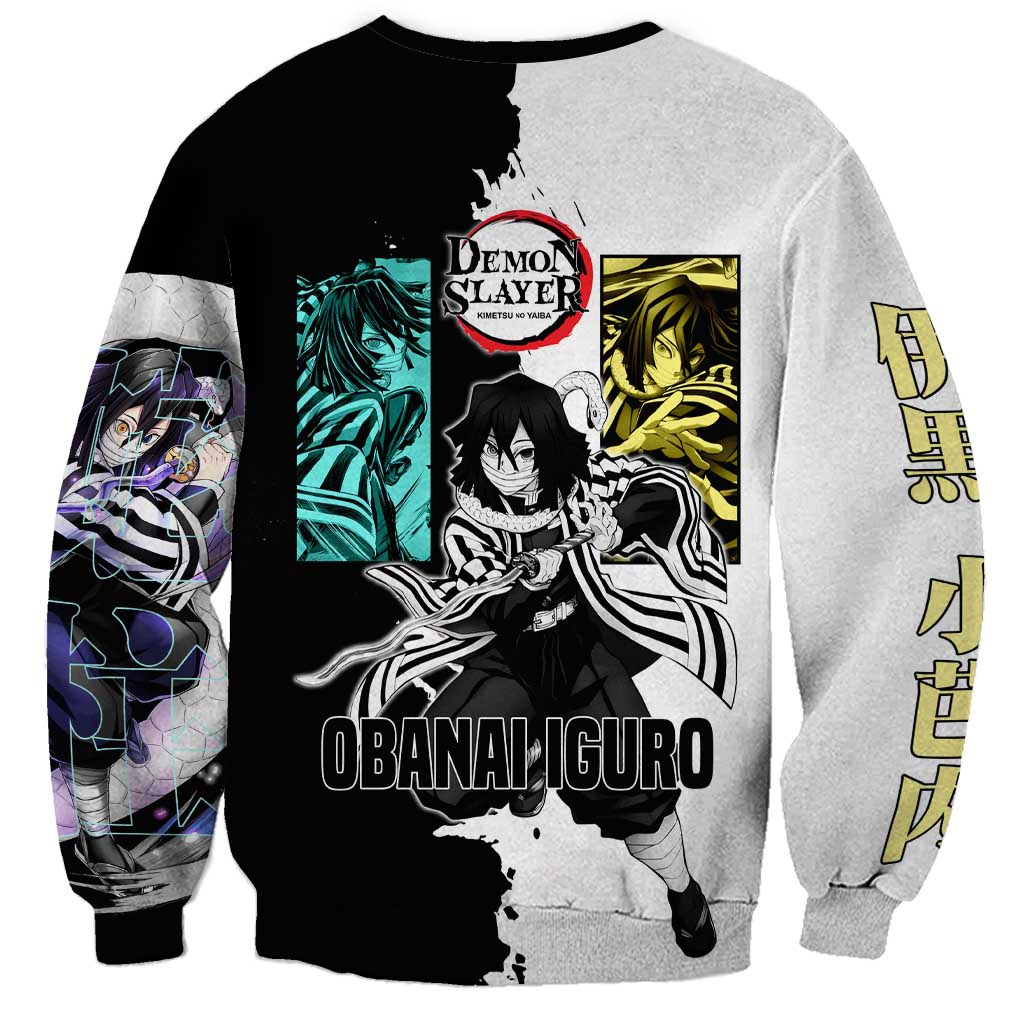 Obanai Iguro from Demon Slayer Sweatshirt with Black and White Contrast Background and Serpent-Themed Manga Style Design - The Mazicc