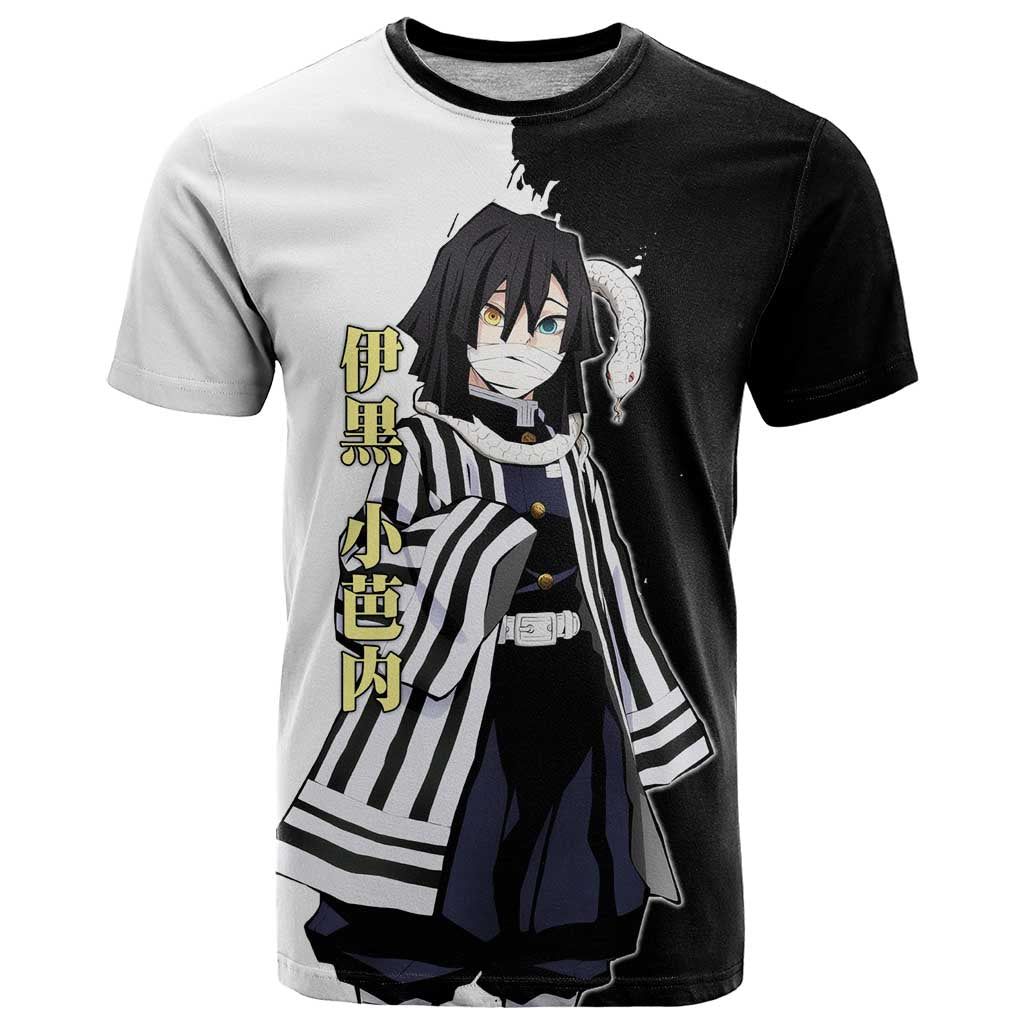 Obanai Iguro from Demon Slayer T Shirt with Black and White Contrast Background and Serpent-Themed Manga Style Design - The Mazicc