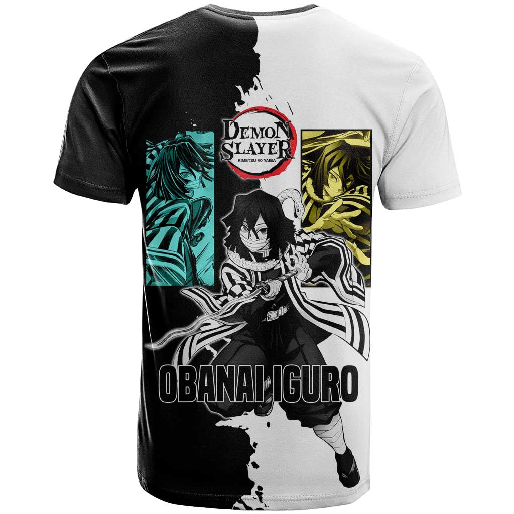 Obanai Iguro from Demon Slayer T Shirt with Black and White Contrast Background and Serpent-Themed Manga Style Design - The Mazicc