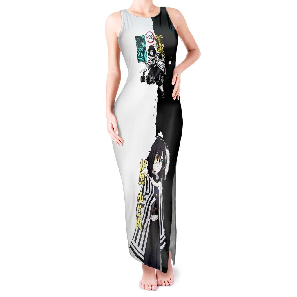 Obanai Iguro from Demon Slayer Tank Maxi Dress with Black and White Contrast Background and Serpent-Themed Manga Style Design - The Mazicc