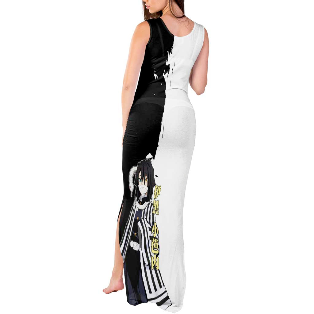 Obanai Iguro from Demon Slayer Tank Maxi Dress with Black and White Contrast Background and Serpent-Themed Manga Style Design - The Mazicc