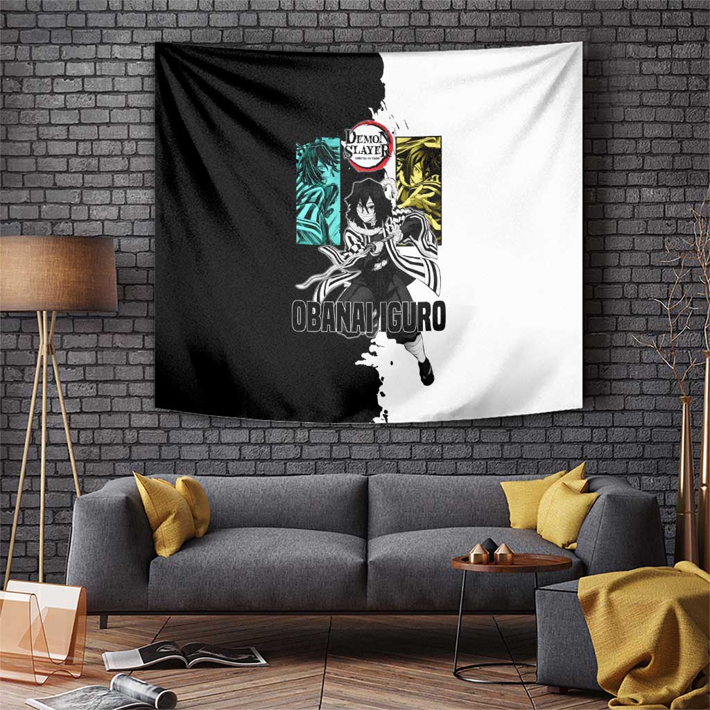 Obanai Iguro from Demon Slayer Tapestry with Black and White Contrast Background and Serpent-Themed Manga Style Design - The Mazicc