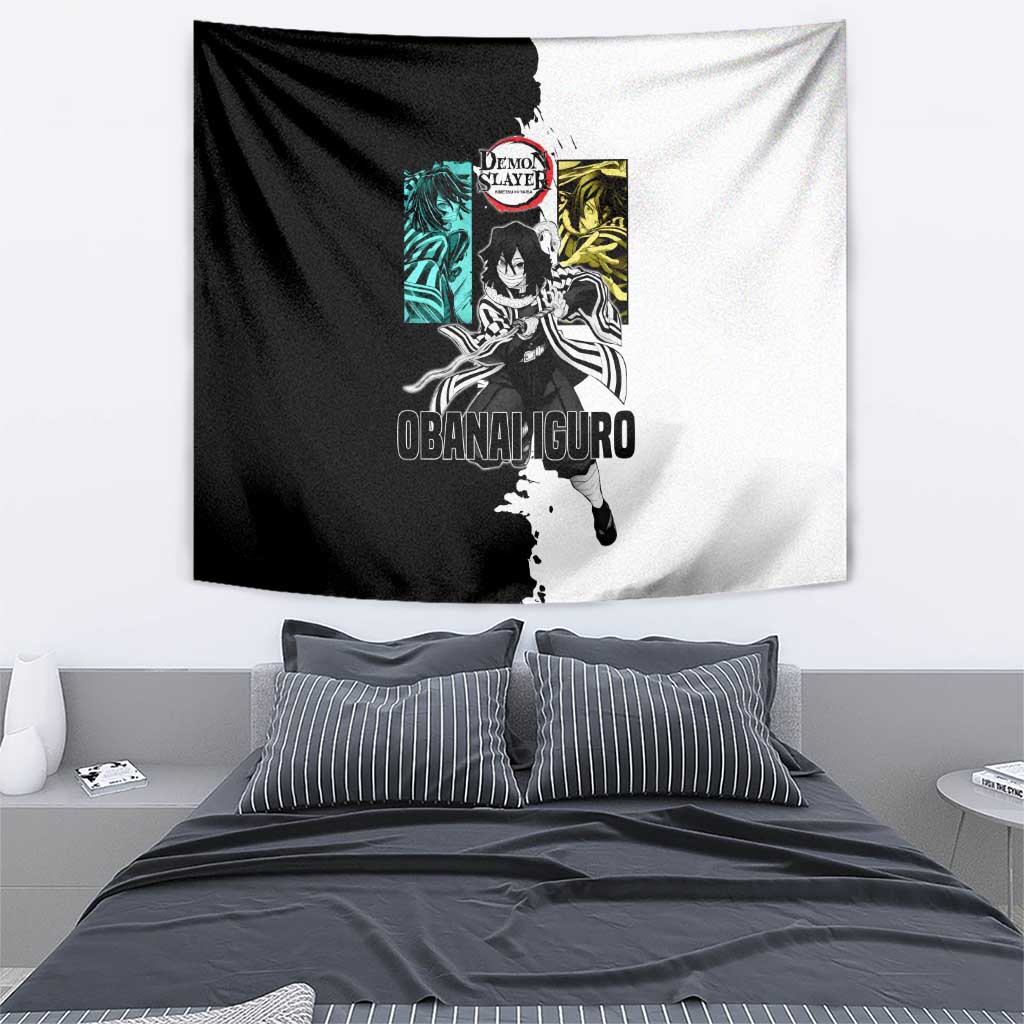 Obanai Iguro from Demon Slayer Tapestry with Black and White Contrast Background and Serpent-Themed Manga Style Design - The Mazicc