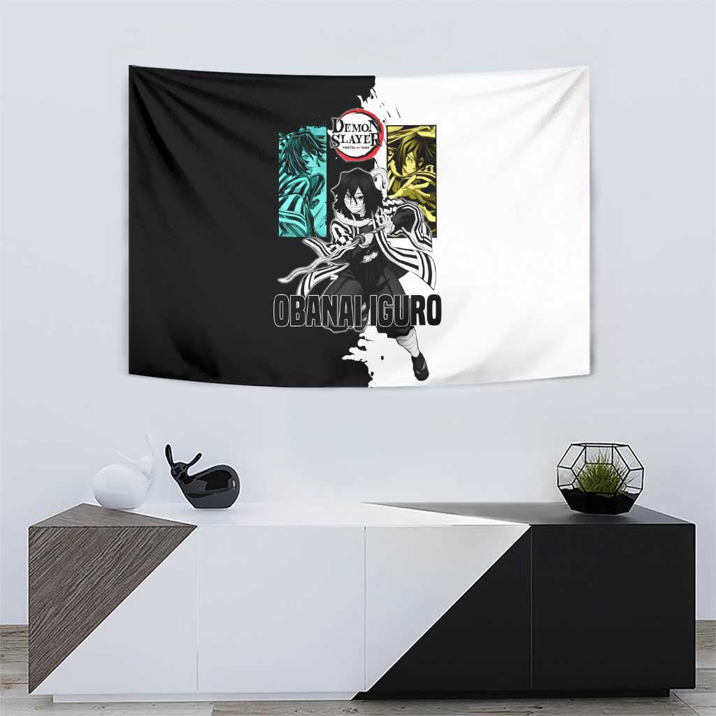 Obanai Iguro from Demon Slayer Tapestry with Black and White Contrast Background and Serpent-Themed Manga Style Design - The Mazicc